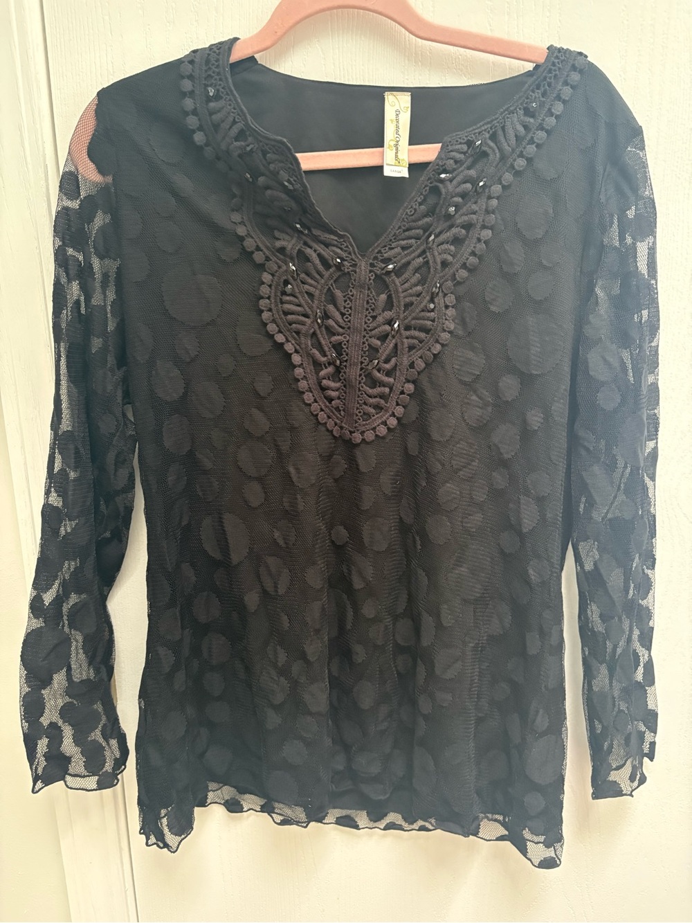 🛑 2/$20 Black Lace Dot Long Sleeve Blouse with Crochet Yoke - unique and so pre